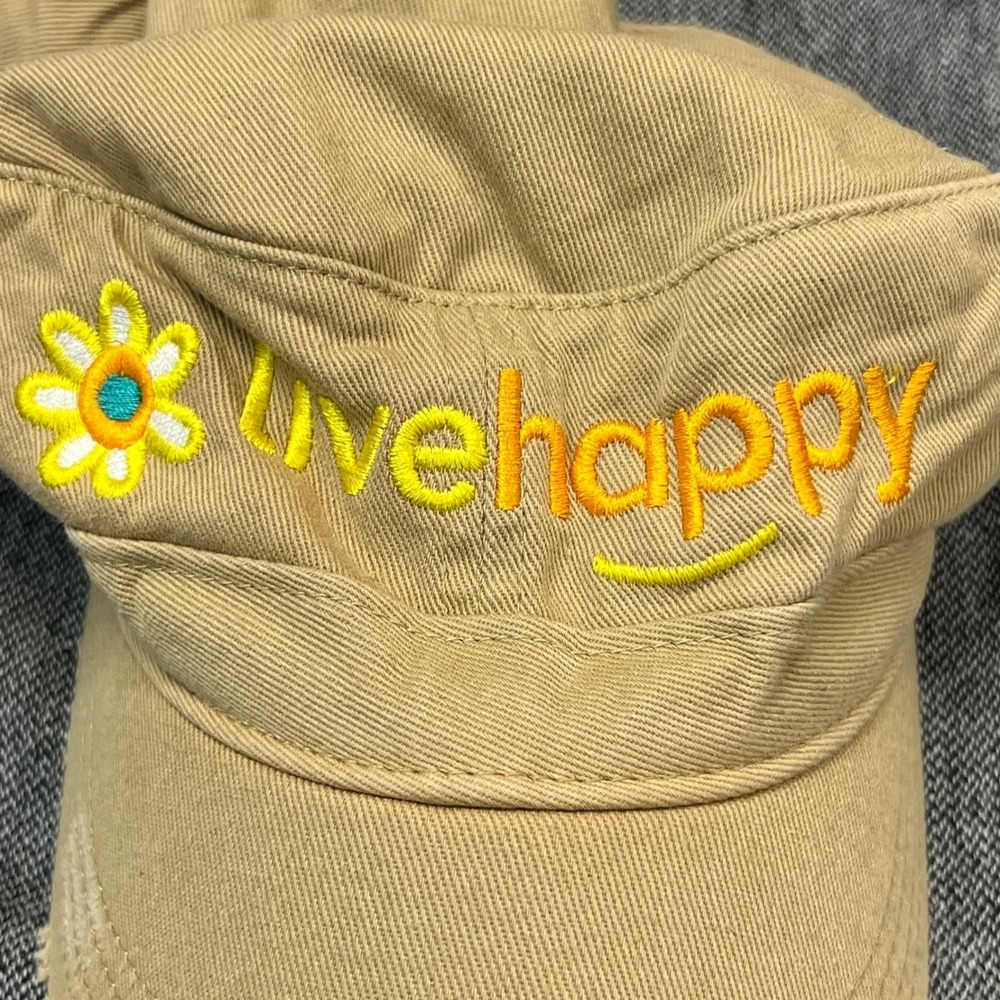 District Womens Tan Army Cadet Cap Live Happy Embroidered Flower Casual Hat